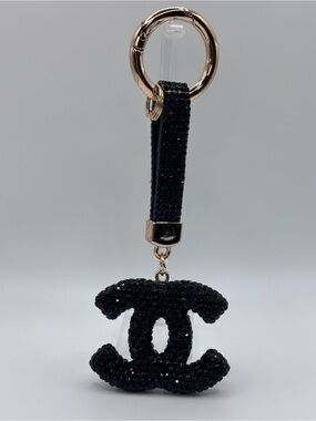 New custom black rhinestone bag charm Keychain with gold hardware. Fashion cute!